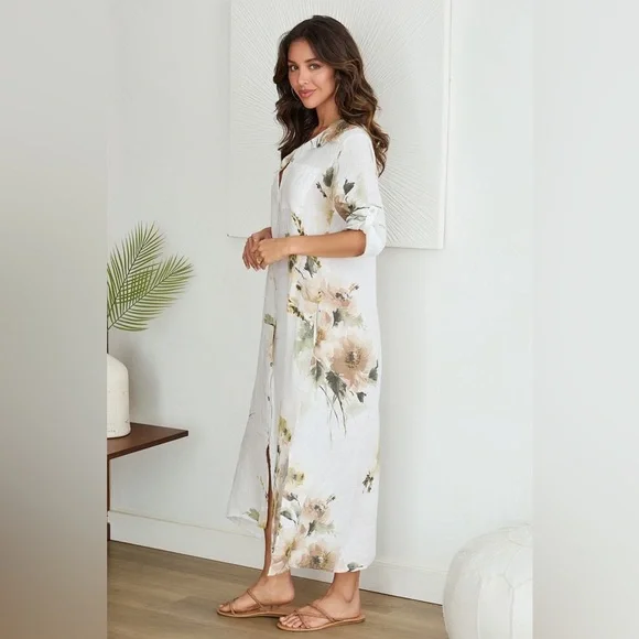 (5-42-MAGNOLIA-BGE) BUTTON DOWN LONG MAGNOLIA FLOWERS LINEN DRESS - Picture 5 of 5